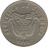 Colombia coin 50 Pesos - Non magnetic (1989 - 2012) obverse obverse of 50 Pesos - Non magnetic (1989 - 2012) coin with KM# 283 from Colombia. Inscription: REPUBLICA DE COLOMBIA 1990