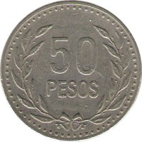 Colombia coin 50 Pesos - Non magnetic (1989 - 2012) reverse reverse of 50 Pesos - Non magnetic (1989 - 2012) coin with KM# 283 from Colombia. Inscription: 50 PESOS