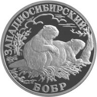 reverse of 1 Rouble - Red Data Book: West Siberian Beaver (2001) coin with Y# 746 from Russia. Inscription: ЗАПАДНОСИБИРСКИЙ БОБР