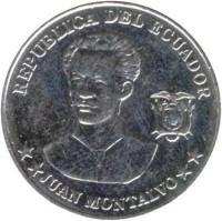 obverse of 5 Centavos (2000 - 2003) coin with KM# 105 from Ecuador. Inscription: REPUBLICA DEL ECUADOR **JUAN MONTALVO**
