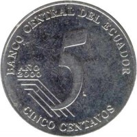 reverse of 5 Centavos (2000 - 2003) coin with KM# 105 from Ecuador. Inscription: BANCO CENTRAL DEL ECUADOR AÑO 2000 5 CINCO CENTAVOS