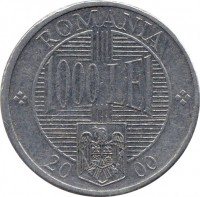 reverse of 1000 Lei - Constantin Brancoveanu (2000 - 2006) coin with KM# 153 from Romania. Inscription: ROMANIA 1000 LEI 20 02