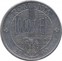 Romania coin 1000 Lei - Constantin Brancoveanu (2000 - 2006) reverse reverse of 1000 Lei - Constantin Brancoveanu (2000 - 2006) coin with KM# 153 from Romania. Inscription: ROMANIA 1000 LEI 20 02
