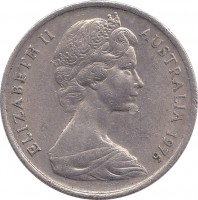 obverse of 5 Cents - Elizabeth II (1966 - 1984) coin with KM# 64 from Australia. Inscription: ELIZABETH II AUSTRALIA 1975