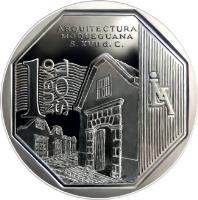 Peru coin 1 Nuevo Sol - Wealth and Pride of Peru: Arquitectura Moqueguana (2015) reverse reverse of 1 Nuevo Sol - Wealth and Pride of Peru: Arquitectura Moqueguana (2015) coin with KM# 389 from Peru. Inscription: Arquitectura Moqueguana S. XVII d.c. 1 Nuevo Sol