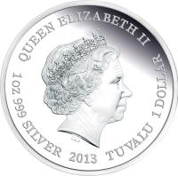 obverse of 1 Dollar - Elizabeth II - Australia's Remarkable Reptiles: Frilled Neck Lizard (2013) coin from Tuvalu. Inscription: QUEEN ELIZABETH II IRB 1OZ 999 SILVER 2013 TUVALU 1 DOLLAR