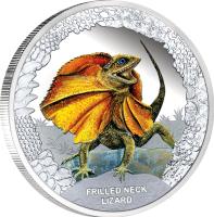 reverse of 1 Dollar - Elizabeth II - Australia's Remarkable Reptiles: Frilled Neck Lizard (2013) coin from Tuvalu. Inscription: FRILLED NECK LIZARD