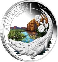 reverse of 1 Dollar - Elizabeth II - Celebrate Australia: Northern Territories, Kakadu National Park and Saltwater Crocodile (2010) coin from Australia. Inscription: AUSTRALIA $1 NORTHERN TERRITORY 1 oz 999 SILVER P