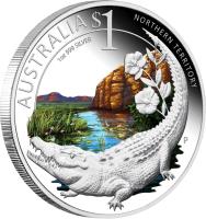 Australia coin 1 Dollar - Elizabeth II - Celebrate Australia: Northern Territories, Kakadu National Park and Saltwater Crocodile (2010) reverse reverse of 1 Dollar - Elizabeth II - Celebrate Australia: Northern Territories, Kakadu National Park and Saltwater Crocodile (2010) coin from Australia. Inscription: AUSTRALIA $1 NORTHERN TERRITORY 1 oz 999 SILVER P
