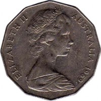 obverse of 50 Cents - Elizabeth II - Dodecagonal (1969 - 1984) coin with KM# 68 from Australia. Inscription: ELIZABETH II AUSTRALIA 1969