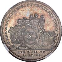 German States coin 1 Taler - Christian August - Death of Elizabeth Amelia (1748) reverse reverse of 1 Taler - Christian August - Death of Elizabeth Amelia (1748) coin with KM# 22 from German States. Inscription: IN MEM(ORIAM).AMABILISS.CONI.F.F.CHRIST.AVG.COM.IN SOLMS REL.2.FIL.ET 2.FILIAS.