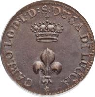 obverse of 1 Soldo - Carlo Ludovico I (1841) coin with KM# 34a from Italian States. Inscription: CARLO L.D.B.I.D.S.DUCA DI LUCCA