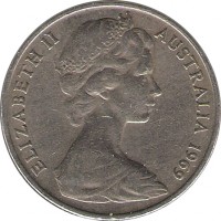 Australia coin 20 Cents - Elizabeth II (1966 - 1984) obverse obverse of 20 Cents - Elizabeth II (1966 - 1984) coin with KM# 66 from Australia. Inscription: ELIZABETH II AUSTRALIA 1969