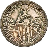 obverse of 1 Guldiner - Sigismund (1486) coin with MT# 64 from Austrian States. Inscription: SIGISMVNDVS ARCHIDVX AVSTRIE