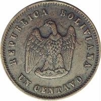 obverse of 1 Centavo (1878) coin with KM# 163 from Bolivia. Inscription: REPUBLICA BOLIVIANA UN CENTAVO