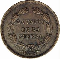 reverse of 1 Centavo (1878) coin with KM# 163 from Bolivia. Inscription: LA UNION ES LA FUERZA