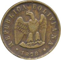 obverse of 2 Centavos (1878) coin with KM# 164.1 from Bolivia. Inscription: REPUBLICA BOLIVIANA