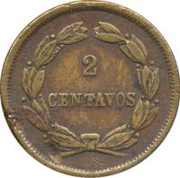 reverse of 2 Centavos (1878) coin with KM# 164.1 from Bolivia. Inscription: 2 CENTAVOS