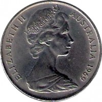 obverse of 10 Cents - Elizabeth II (1966 - 1984) coin with KM# 65 from Australia. Inscription: ELIZABETH II AUSTRALIA 1969