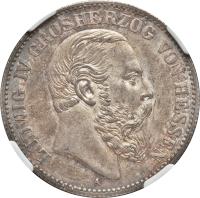 obverse of 2 Mark - Ludwig IV (1891) coin with KM# 363 from German States. Inscription: LUDWIG IV GROSHERZOG VON HESSEN A