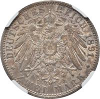 reverse of 2 Mark - Ludwig IV (1891) coin with KM# 363 from German States. Inscription: DEUTSCHES REICH 1891 * ZWEI MARK *