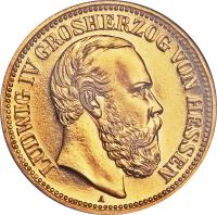 German States coin 20 Mark - Ludwig IV (1892) obverse obverse of 20 Mark - Ludwig IV (1892) coin with KM# 365 from German States. Inscription: LUDWIG IV GROSHERZOG VON HESSEN A