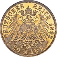 German States coin 20 Mark - Ludwig IV (1892) reverse reverse of 20 Mark - Ludwig IV (1892) coin with KM# 365 from German States. Inscription: DEUTSCHES REICH 1892 * 20 MARK *