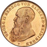 obverse of 10 Mark - Georg II (1902 - 1914) coin with KM# 202 from German States. Inscription: GEORG II HERZOG VON SACHSEN-MEININGEN D