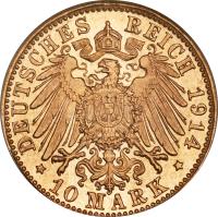 reverse of 10 Mark - Georg II (1902 - 1914) coin with KM# 202 from German States. Inscription: DEUTSCHES REICH 1914 * 10 MARK *