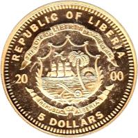 obverse of 5 Dollars - European Currency Unit (2000) coin from Liberia. Inscription: REPUBLIC OF LIBERIA THE LOVE OF LIBERTY BROUGHT US HERE 20 00 REPUBLIC OF LIBERIA 5 DOLLARS