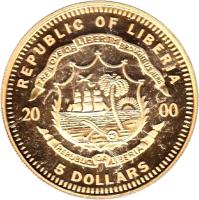 Liberia coin 5 Dollars - European Currency Unit (2000) obverse obverse of 5 Dollars - European Currency Unit (2000) coin from Liberia. Inscription: REPUBLIC OF LIBERIA THE LOVE OF LIBERTY BROUGHT US HERE 20 00 REPUBLIC OF LIBERIA 5 DOLLARS