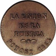 obverse of 1 Centésimo (1864) coin with KM# 147 from Bolivia. Inscription: LA UNION ES LA FUERZA POTOSI 1864