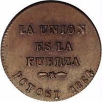 Bolivia coin 1 Centésimo (1864) obverse obverse of 1 Centésimo (1864) coin with KM# 147 from Bolivia. Inscription: LA UNION ES LA FUERZA POTOSI 1864