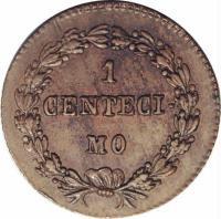 reverse of 1 Centésimo (1864) coin with KM# 147 from Bolivia. Inscription: 1 CENTESI- MO
