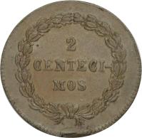 reverse of 2 Centésimos (1864) coin with KM# 148 from Bolivia. Inscription: 2 CENTESI- MOS