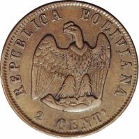 obverse of 2 Centavos (1878) coin with KM# 165 from Bolivia. Inscription: REPUBLICA BOLIVIANA DOS CENTs