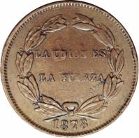 reverse of 2 Centavos (1878) coin with KM# 165 from Bolivia. Inscription: LA UNION ES LA FUERZA 1878