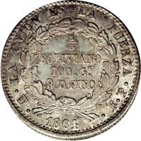 reverse of 1/5 Boliviano (1864 - 1866) coin with KM# 151 from Bolivia. Inscription: LA UNION ES LA FUERZA 1/5 BOLIVIANO 100. G.s 9. D.s FINO PTS FP 1864