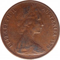 obverse of 1 Cent - Elizabeth II (1966 - 1984) coin with KM# 62 from Australia. Inscription: ELIZABETH II AUSTRALIA 1970