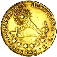 reverse of 2 Scudos (1841) coin with KM# 106 from Bolivia. Inscription: REPUBLICA BOLIVIANA 2 S. 1841 L. R.