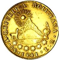 Bolivia coin 2 Scudos (1841) reverse reverse of 2 Scudos (1841) coin with KM# 106 from Bolivia. Inscription: REPUBLICA BOLIVIANA 2 S. 1841 L. R.