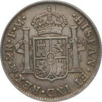 Mexico coin 2 Reales - Carlos III (1785 - 1789) reverse reverse of 2 Reales - Carlos III (1785 - 1789) coin with KM# 88a from Mexico. Inscription: · HISPAN · ET IND · REX · Mo · 2R · F · M ·
