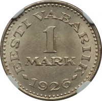 reverse of 1 Mark (1926) coin with KM# 5 from Estonia. Inscription: EESTI VABARIIK 1 MARK 1926