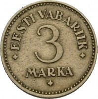 Estonia coin 3 Marka (1925) reverse reverse of 3 Marka (1925) coin with KM# 2a from Estonia. Inscription: EESTI VABARIIK 3 MARKA