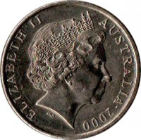 Australia coin 10 Cents - Elizabeth II (1999 - 2015) obverse obverse of 10 Cents - Elizabeth II (1999 - 2015) coin with KM# 402 from Australia. Inscription: ELIZABETH II AUSTRALIA 2000 IRB