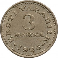 reverse of 3 Marka (1926) coin with KM# 6 from Estonia. Inscription: EESTI VABARIIK 3 MARKA 1926