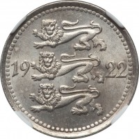 obverse of 5 Marka (1922) coin with KM# 3 from Estonia. Inscription: 19 22