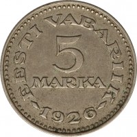 reverse of 5 Marka (1926) coin with KM# 7 from Estonia. Inscription: EESTI VABARIIK 5 MARKA 1926