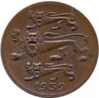 obverse of 1 Sent (1939) coin with KM# 19.1 from Estonia. Inscription: 1939