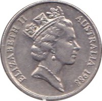 obverse of 5 Cents - Elizabeth II (1985 - 1998) coin with KM# 80 from Australia. Inscription: ELIZABETH II AUSTRALIA 1988 RDM
